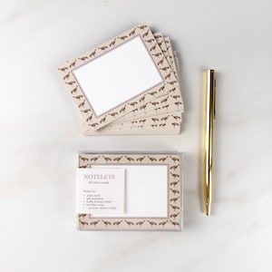 May include: A stack of rectangular notelets and a boxed set of 30 mini cards, each featuring a repeating brown bird pattern on a beige border with a white center. A gold-toned pen is positioned to the right. The label reads NOTELETS 30 mini cards.