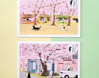 Cherry Blossom Cats Postcards - Japanese Spring Mail Letter Cute Kitten