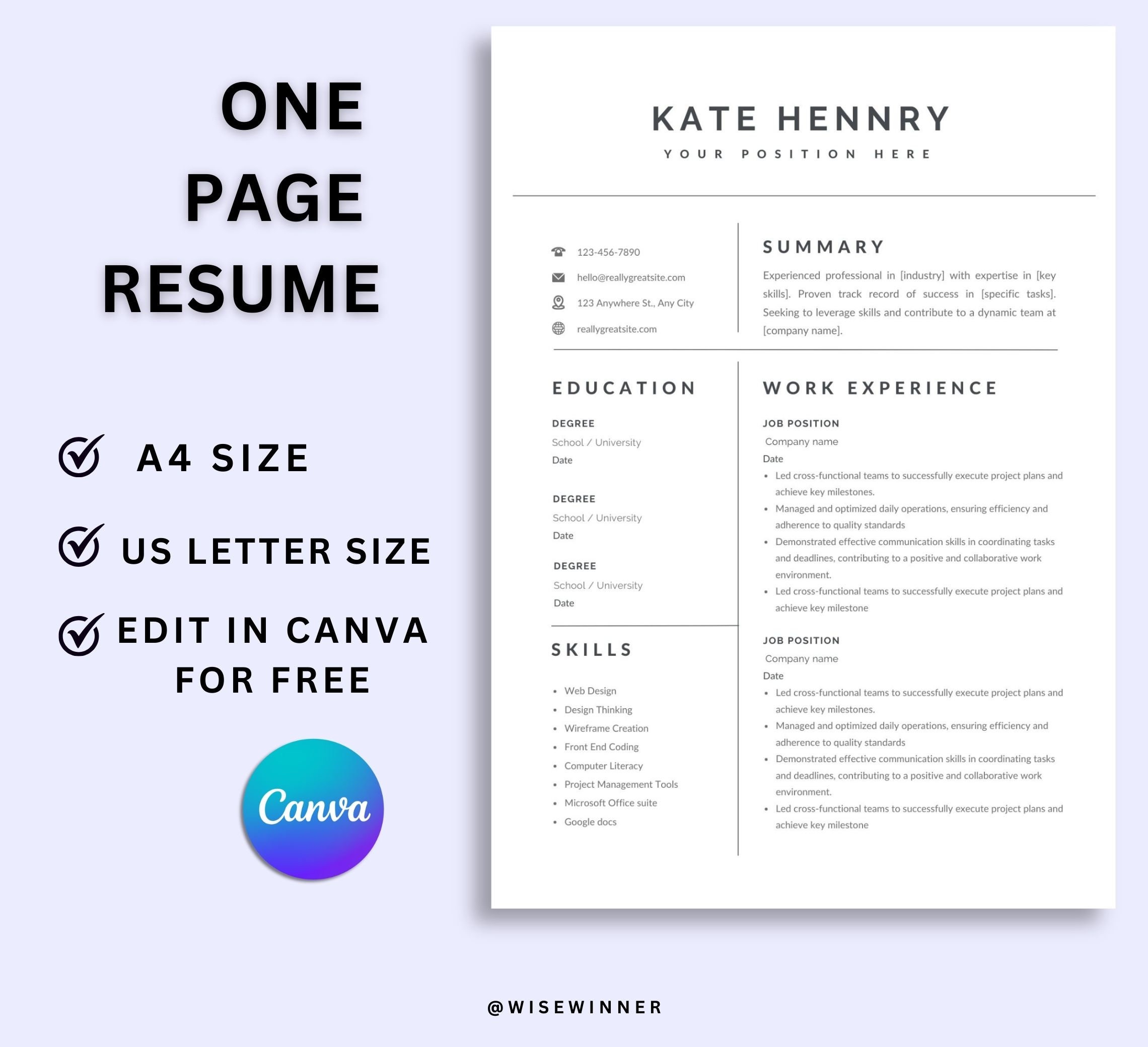 Editable Modern CV TEMPLATE for Canva, Professional Resume Download ...
