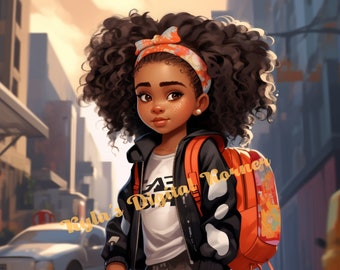May include: A young girl with curly black hair is wearing a black jacket with white accents, a white t-shirt, and camouflage shorts. She is carrying an orange backpack with a floral design. The girl is smiling and looking at the camera.