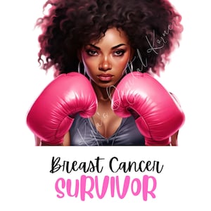 May include: A woman with dark brown curly hair is wearing pink boxing gloves. The text "Breast Cancer SURVIVOR" is below her.