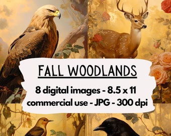 Fall Woodland Journal Paper, notebook digital paper rococo fantasy junk journal pages printable 8.5x11 instant download forest autumn