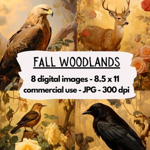 May include: Digital art print featuring an eagle, deer, bird, and raven in a woodland setting. The image includes the text "FALL WOODLANDS" and details about the digital images, including 8.5 x 11 inches size and commercial use.
