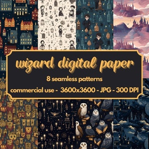 Papier numérique à motif de sorcier, motif sans couture, journal indésirable de sorcier, fond magique, école de sorcier, baguette magique, monde des sorciers, papier de sorcière
