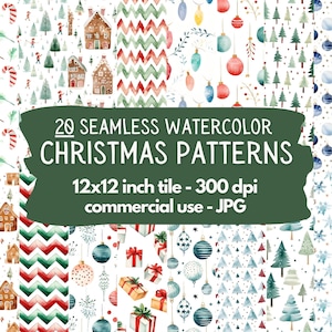 Watercolor Christmas Digital Pattern Paper, Set of 20 seamless printable textures printable scrapbook paper commercial use junk journal