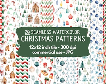 Papel de patrón digital de Navidad de acuarela, conjunto de 20 texturas imprimibles sin costuras papel de álbum de recortes imprimible uso comercial diario basura