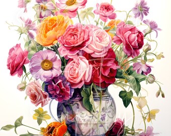 Vase mit Blumen Clipart, 25 hochwertige JPGs, Aquarell Blumen Clipart, digitales Papier Handwerk, Wildblumen digitaler Download, Kartenherstellung