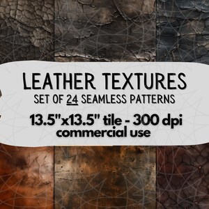May include: A set of 24 seamless leather textures in various shades of brown. Each texture is 13.5 inches by 13.5 inches and 300 dpi. The textures are for commercial use.