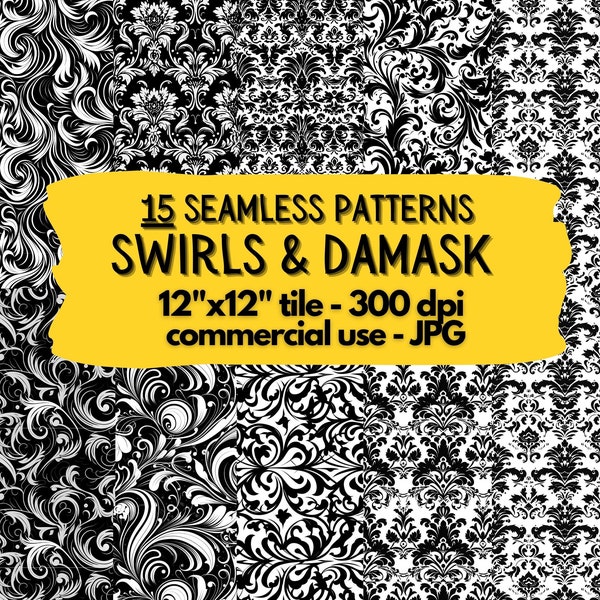 Skull & Swirls Damask Seamless Pattern | Black and White, Baroque, Vintage, Victorian, Gothic Custom Design | JPG, Silhouette, pattern clip