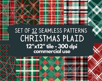 CHRISTMAS PLAID, Christmas Seamless Repeat Pattern, Retro Handrawn Backgrounds, Printable Digital Paper