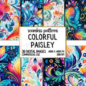 Puede incluir: Un conjunto de 30 patrones digitales sin costuras que presentan diseños de paisley coloridos. Los patrones están en una variedad de colores, incluyendo azul, verde, rojo, amarillo y naranja. Los patrones son perfectos para usar en scrapbooking, creación de tarjetas y otros proyectos de manualidades.