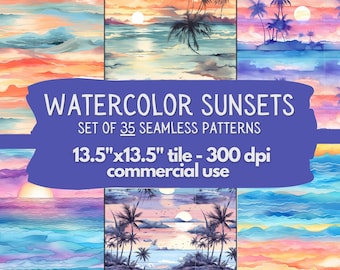 Padrão sem emenda do pôr do sol em aquarela, papel digital do pôr do sol da praia em aquarela, arte do pôr do sol do oceano em aquarela, papel de scrapbook imprimível