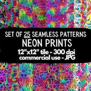 Neon Seamless Pattern Set for Commercial Use, Digital Download Paper, Animal Skin Pattern, Cheetah Spots, Tiger Zebra Stripes Safari Pattern