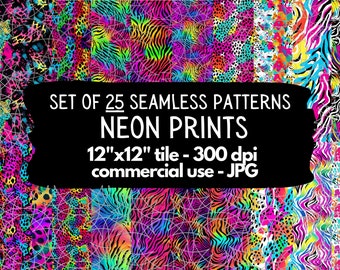 Neon Seamless Pattern Set for Commercial Use, Digital Download Paper, Animal Skin Pattern, Cheetah Spots, Tiger Zebra Stripes Safari Pattern