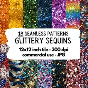 Puede incluir: 18 patrones sin costuras de lentejuelas brillantes en varios colores, incluidos rojo, naranja, amarillo, verde, azul, morado, rosa y dorado. Cada patrón mide 12x12 pulgadas y 300 dpi. Se permite el uso comercial. Formato JPG.