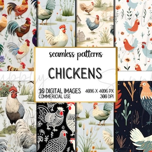 Papier numérique de poulet, 10 paquets de motifs de texture de poulet sans couture, coq pour téléchargement numérique et scrapbook, conceptions de sublimation
