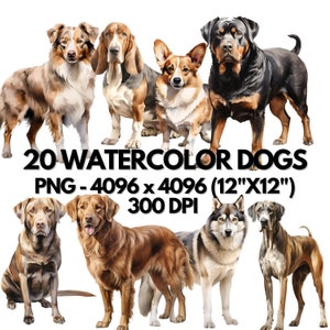 Watercolor Dogs Clipart - 20 Dog Breeds Clipart Bundle, Dog Sublimation Designs, Puppy Dog PNG, Dogs Lover Gift, Card Making, Commercial Use