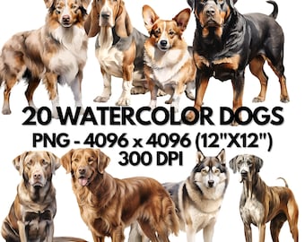 Watercolor Dogs Clipart - 20 Dog Breeds Clipart Bundle, Dog Sublimation Designs, Puppy Dog PNG, Dogs Lover Gift, Card Making, Commercial Use