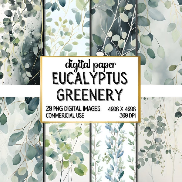 Watercolor Eucalyptus Clipart Digital Paper, Green leaves, Greenery Wedding Journal Pages, Mixed Media Background, Commercial Use Download