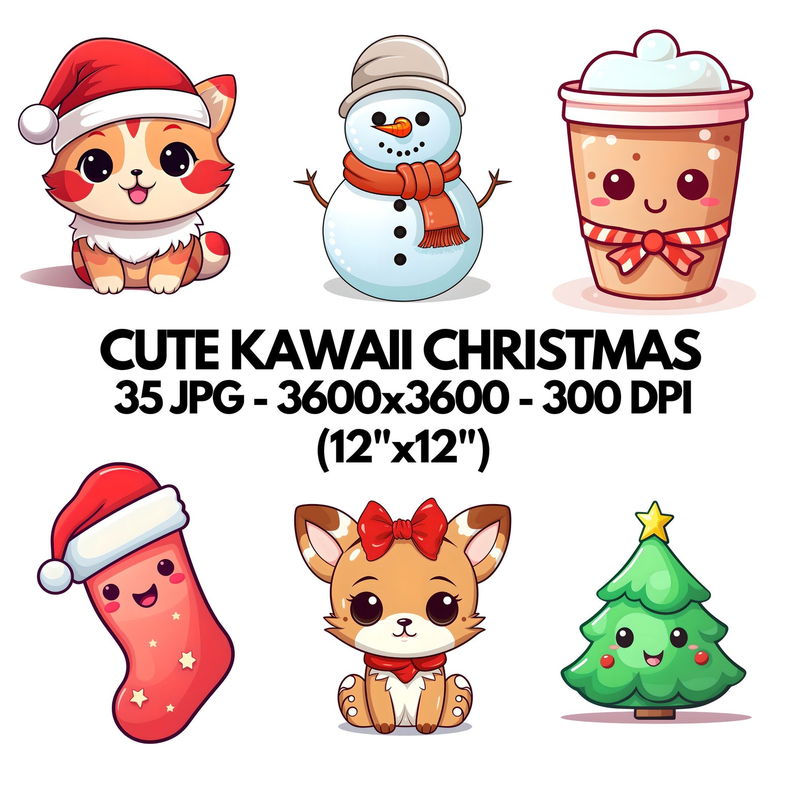 Cute Kawaii Christmas Clipart Bundle - 35 Jpgs of Coffee, Snowmen ...