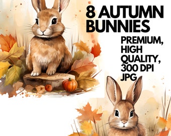 Cute Autumn Bunny Clipart Set - 8 JPG Autumn Bunnies for Commercial Use, Wedding Invitations, Instant Download, Watercolor, Rabbit Clip Art