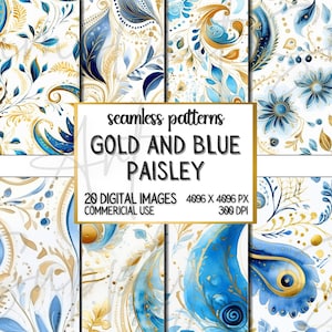Gold and Blue Paisleys Digital Paper, 20 Seamless Paisley Pattern Bundle, Paisleys for Digital Download Scrapbooking, Sublimation Designs
