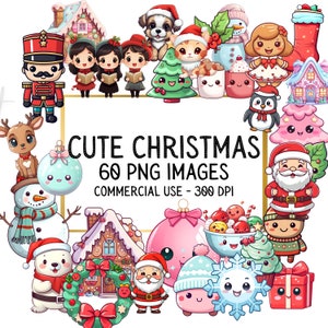 60 Kawaii Christmas Clipart - Paquete de imágenes prediseñadas de invierno PNG, Papá Noel, reno, muñeco de nieve, gráficos del país de las maravillas de invierno para pegatinas imprimibles
