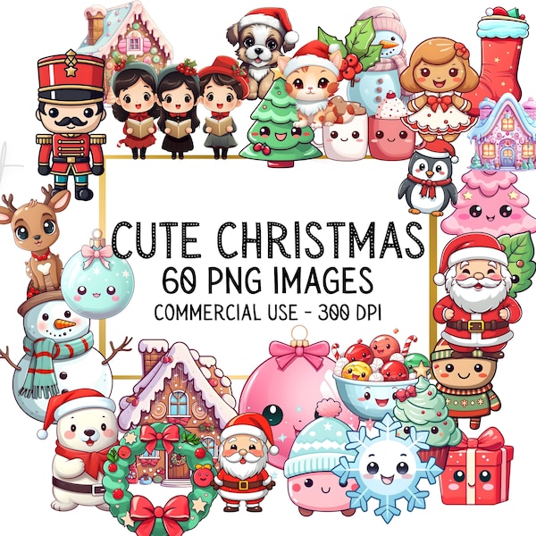 60 Kawaii Christmas Clipart - Winter Clip Art Bundle PNG, Santa Claus, Reindeer, Snowman, Winter Wonderland Graphics for stickers printables