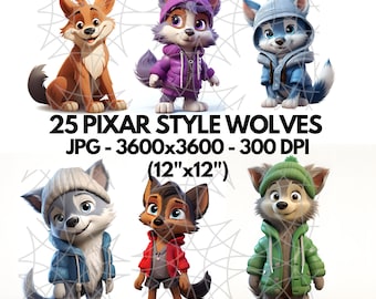 Cute Wolf Clipart, 25 High-Quality JPGs, Wolf Wall Art, Wolf Paper Craft, Nursery Art, Wolf Junk Journals, Digital Prints, Commercial Use