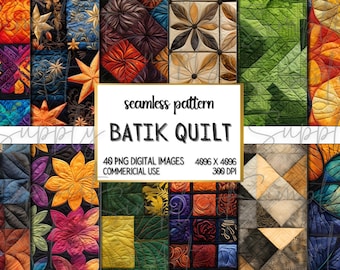 Paquete de 40 papeles digitales con texturas de colchas batik y patrones sin costuras, diario de colchas, álbumes de recortes, fabricación de tarjetas, sublimación, uso comercial