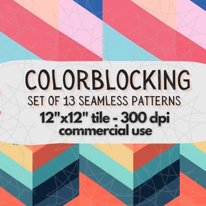 Puede incluir: Un conjunto de 13 patrones geométricos sin costuras en un estilo de bloqueo de color. Los patrones están en tonos de rosa, azul, naranja, amarillo y negro. Cada patrón mide 30,5 cm por 30,5 cm y 300 dpi. Los patrones son para uso comercial.