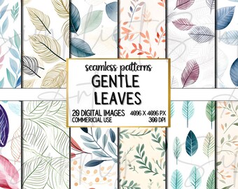 Gentle Leaves Digital Paper - Watercolor Seamless Patterns, Printable Paper Bundle, Floral Leaf Scrapbook Pages, Green Blue Purple Foliage