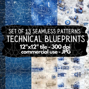 Technical Blueprints Digital Paper, Technical Blueprints Seamless, Technical Blueprints Patterns, Blueprints Scrapbook, Blueprints Art
