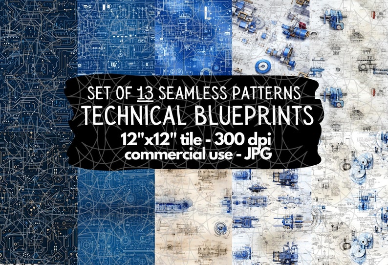 Technical Blueprints Digital Paper, Technical Blueprints Seamless