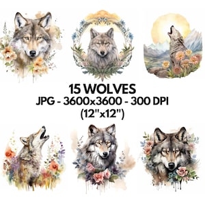 Clipart de lobo, 15 JPGs de alta qualidade, arte de parede floral de lobo, artesanato em papel, roupas, diários indesejados, impressões digitais, uso comercial, clipart floral