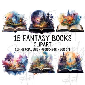 Watercolor Fantasy Books Clipart PNG, Magic Vintage Books, Open Books Clip Art, Old Stack Library PNG instant download for commercial use