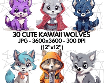 Cute Kawaii Wolf Clipart Bundle - 30 JPGs of Wolves, Wolf Wall Art, Paper Craft, Apparel Art, Junk Journals, Digital Prints, Commercial Use