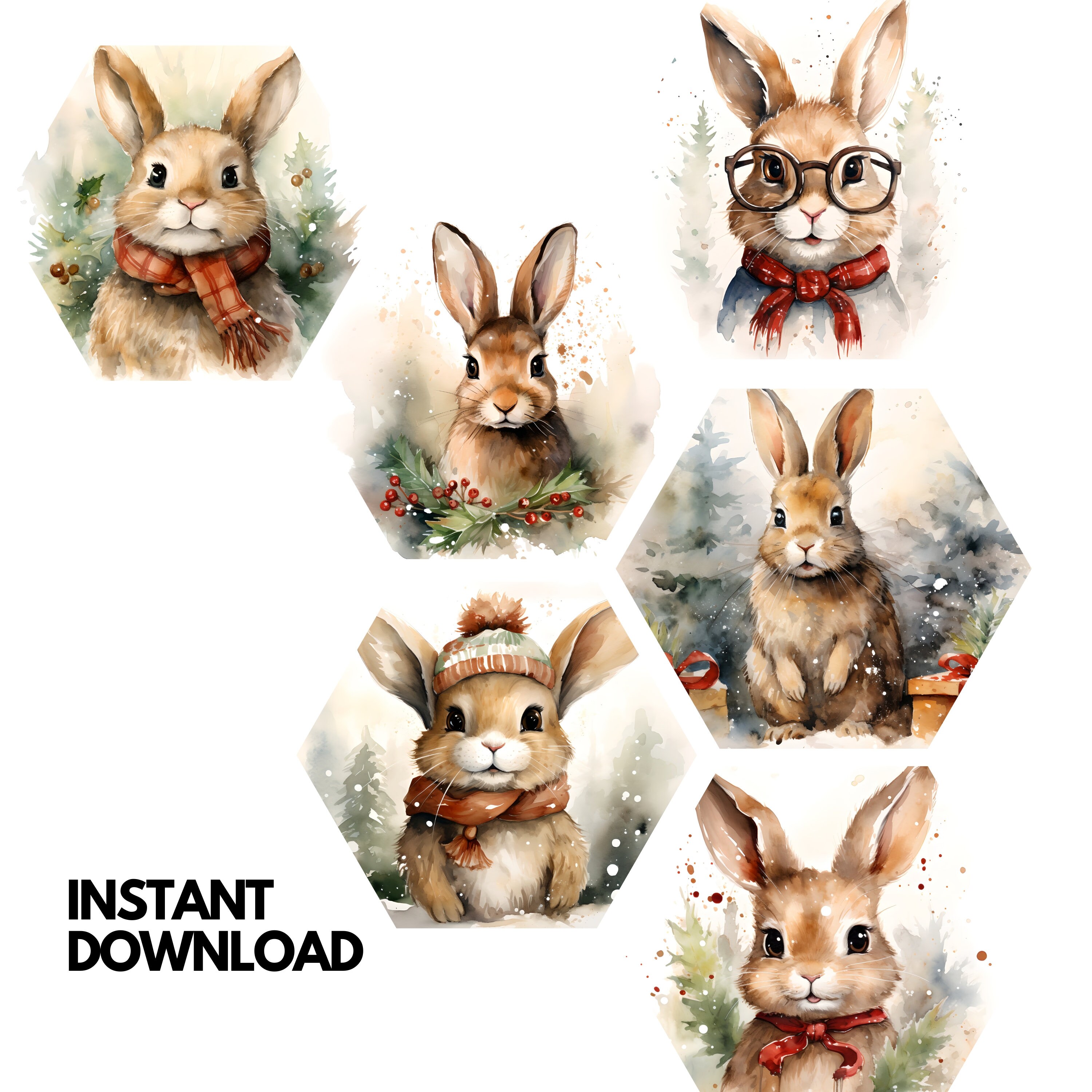 Cute Christmas Bunny Clipart Set - 6 JPG Xmas Bunnies for Commercial ...