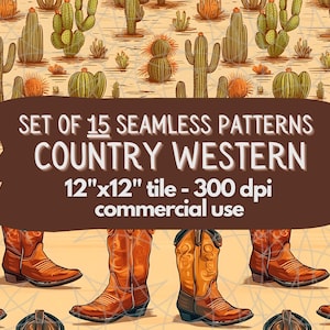 May include: A set of 15 seamless patterns featuring cowboy boots and cacti in a desert landscape. The patterns are 12 inches by 12 inches and 300 dpi. They are for commercial use.