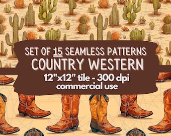 COUNTRY WESTERN - Patrón de repetición sin costuras occidental, fondos retro, papel digital imprimible, sombrero de vaquero vaquera cactus bisonte arte digital