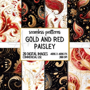 Gold and Red Paisleys Digital Paper, 20 Seamless Paisley Pattern Bundle, Paisleys for Digital Download Scrapbooking, Sublimation Designs