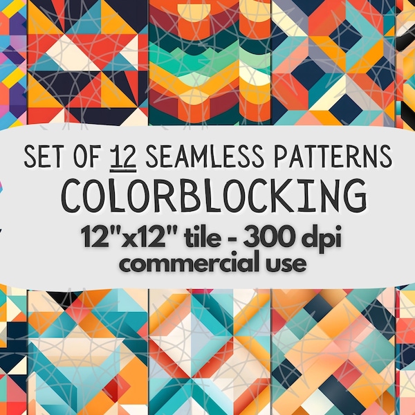 12 Retro Colorblocking Seamless Pattern for Commercial Use, Digital Download, Retro Colorblock, Digital Paper, Retro Geometric PNG Pattern