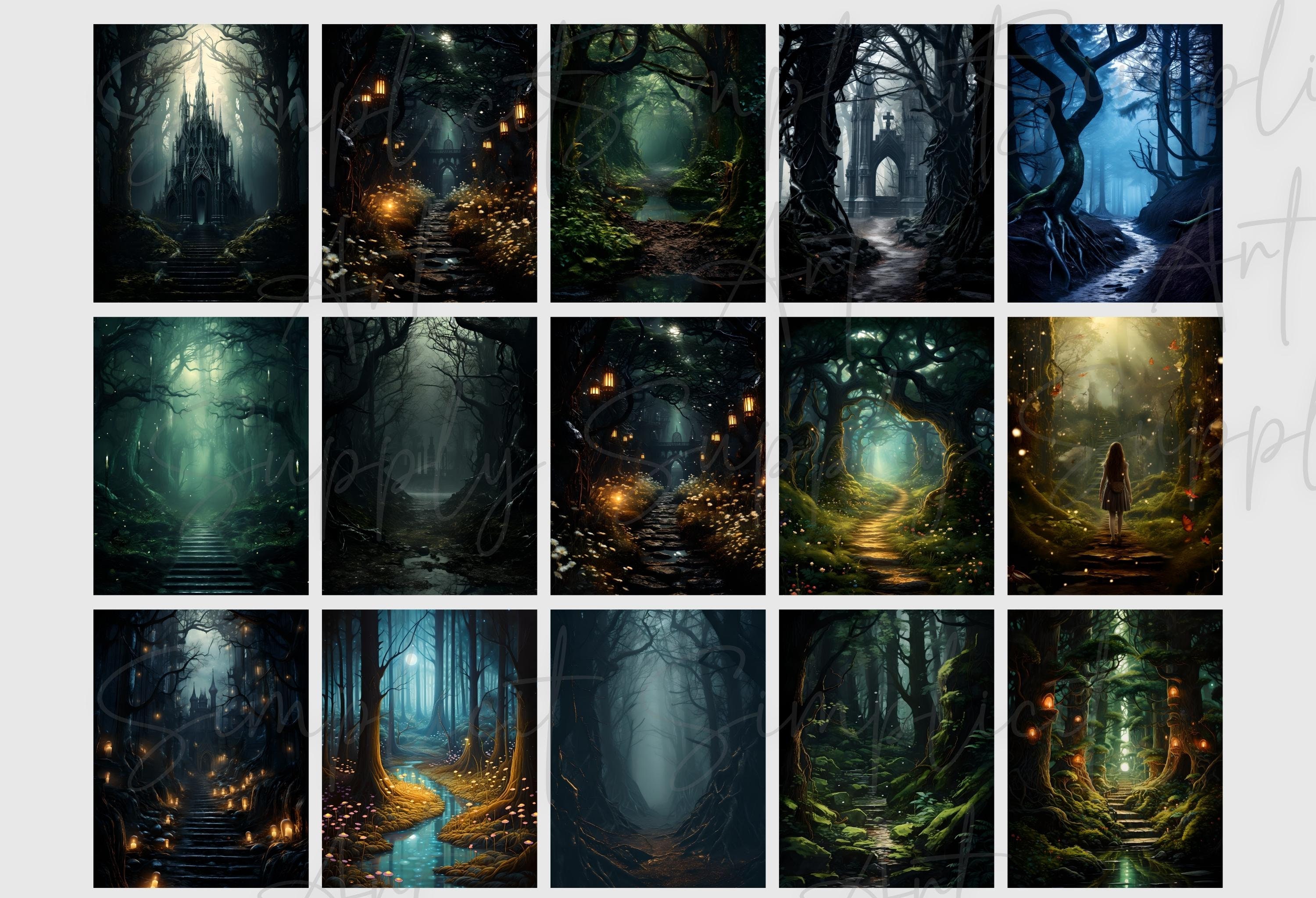 Dark Fantasy Enchanted Forest Digital Paper, Printable Magical Forest ...
