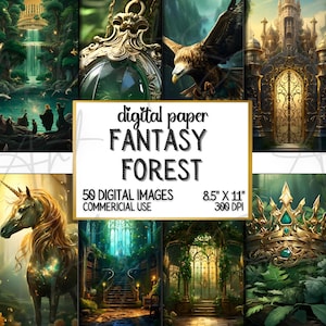 Gold and Emerald Green Junk Journal Paper Bundle, Fantasy Enchanted Forest Digital Download, Printable Mixed Media, Woodland Animal, Castles