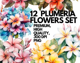 Watercolor Plumeria Clipart - 12 tropical flowers PNG format instant download for commercial use transparent background wedding invitations