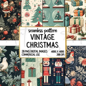 Puede incluir: Un conjunto de 20 patrones digitales sin costuras con diseños navideños vintage. Los patrones incluyen ilustraciones de árboles de Navidad, regalos, adornos, muñecos de nieve, cascanueces y otros elementos festivos. Los patrones están en una variedad de colores, incluyendo rojo, verde, azul y blanco.