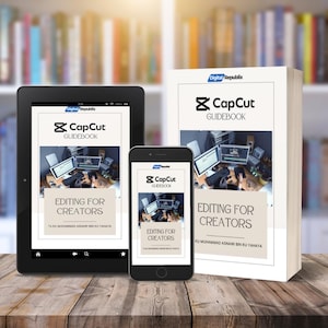 May include: A digital guidebook for CapCut video editing software. The guidebook is available in three different formats: a large book, a tablet, and a smartphone. The cover of the guidebook features the CapCut logo and the text "Editing for Creators".
