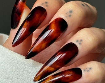 Dark jelly smoke tortoise shell press on nails | long stiletto nails | handpainted press ons | Aprés gel tips | Reusable glue on nails