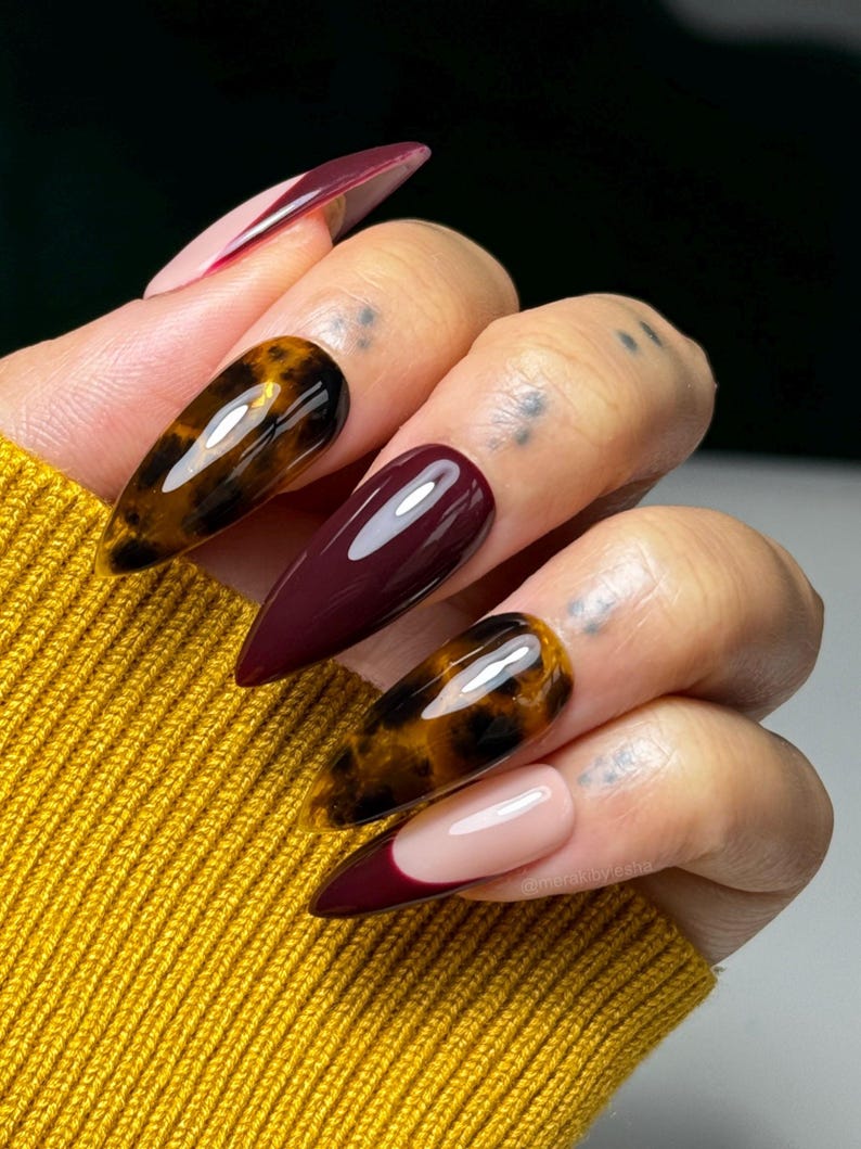 Maroon Red Tortoise Shell Press on Nails |french Tip Autumn Fall Nails ...
