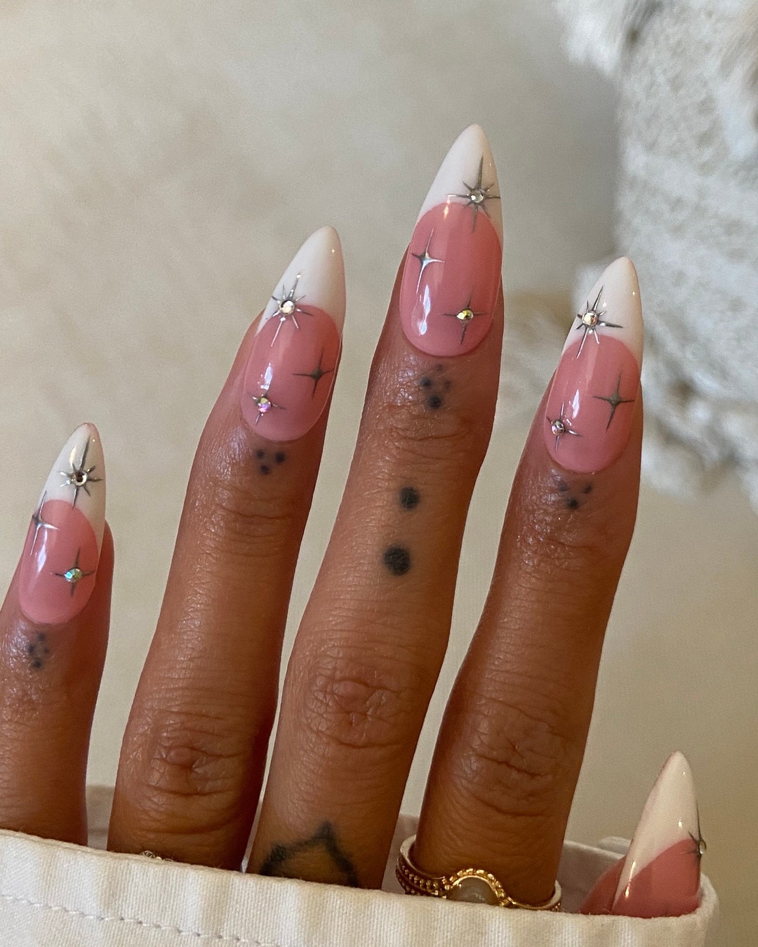 White French Press on Nails Silver Star Gems Nails Custom Made Press